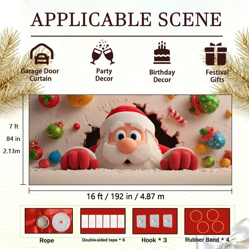 Christmas Garage Door Cover Large Outdoor – Cartoon Santa Claus 7x16ft Holiday Decorations Banner,Garage Buddy Decoration for Garage,Porch,Yard and Home