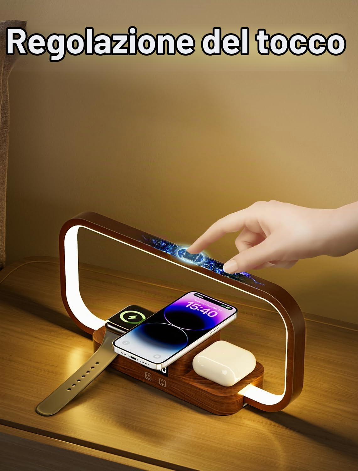 3 in 1 Lampada da Comodino con Caricatore Wireless & Porta USB, 5 Colori Lampada da Tavolo Dimmerabile Controllo Touch, Stazione di Ricarica per Pods, Smartphone per Camera (Marrone)