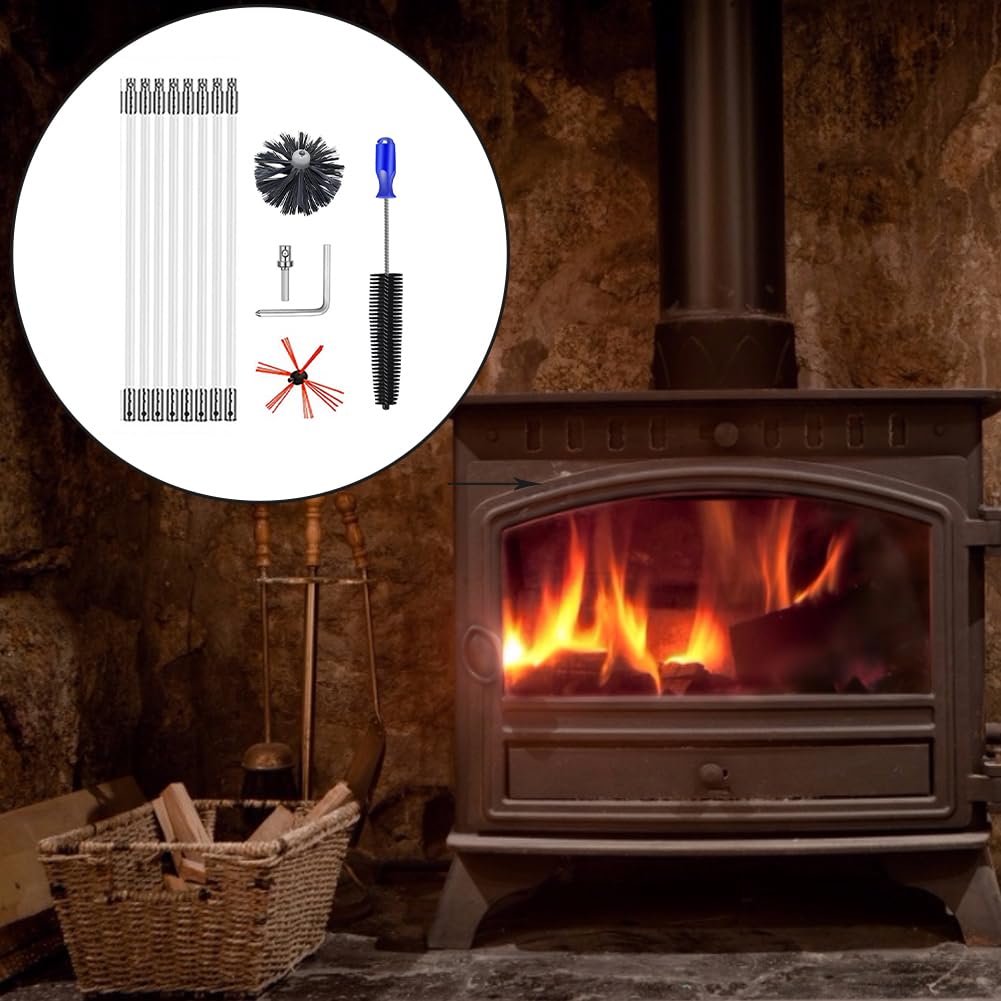 Juego de cepillos deshollinadores – Limpieza con Varillas – Limpiador de | chimenea con cabezal de repuesto y adaptador para revestimiento