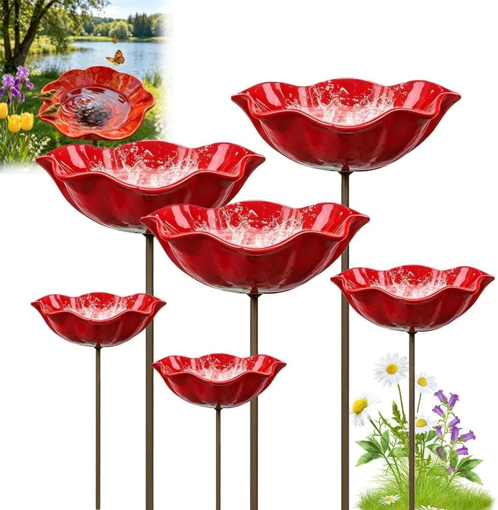 Handmade Metal Flower Garden Stake, 2026 Outdoor Bird Bath Bowl for Birds, Butterfly & Bee Water Feeder Station, Decorative Garden Stake for Yard Lawn Flower Bed Patio Outdoor Decor(6pcs)