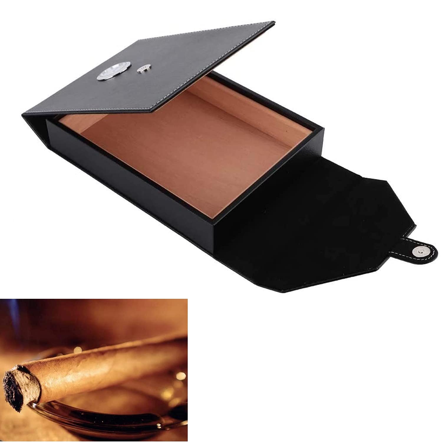 Cedar Cigar Humidor, Quality Leather Cigar Box, Mini Portable, with humidifier, hygrometer, portable