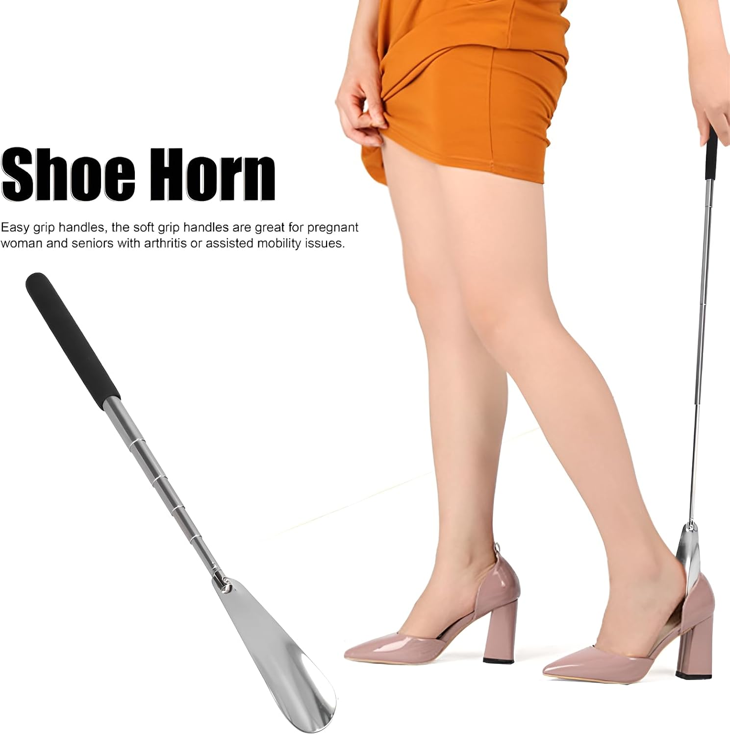 Telescopic Shoe Horn, Stainless Steel, Black, 10.7 x 1.3 in
