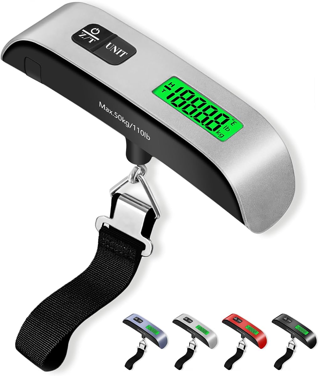 Báscula de equipaje, báscula de peso digital portátil para equipaje de 110 libras, báscula de goma para maleta con pantalla LCD y temperatura para viajes (plateado)
