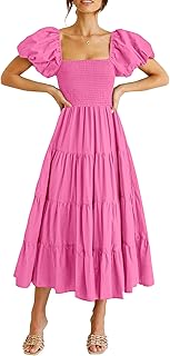 Women's 2025 Summer Casual Midi Dress Puffy Short Sleeve Square Neck Smocked Tiered Ruffle Dresses - Buy now