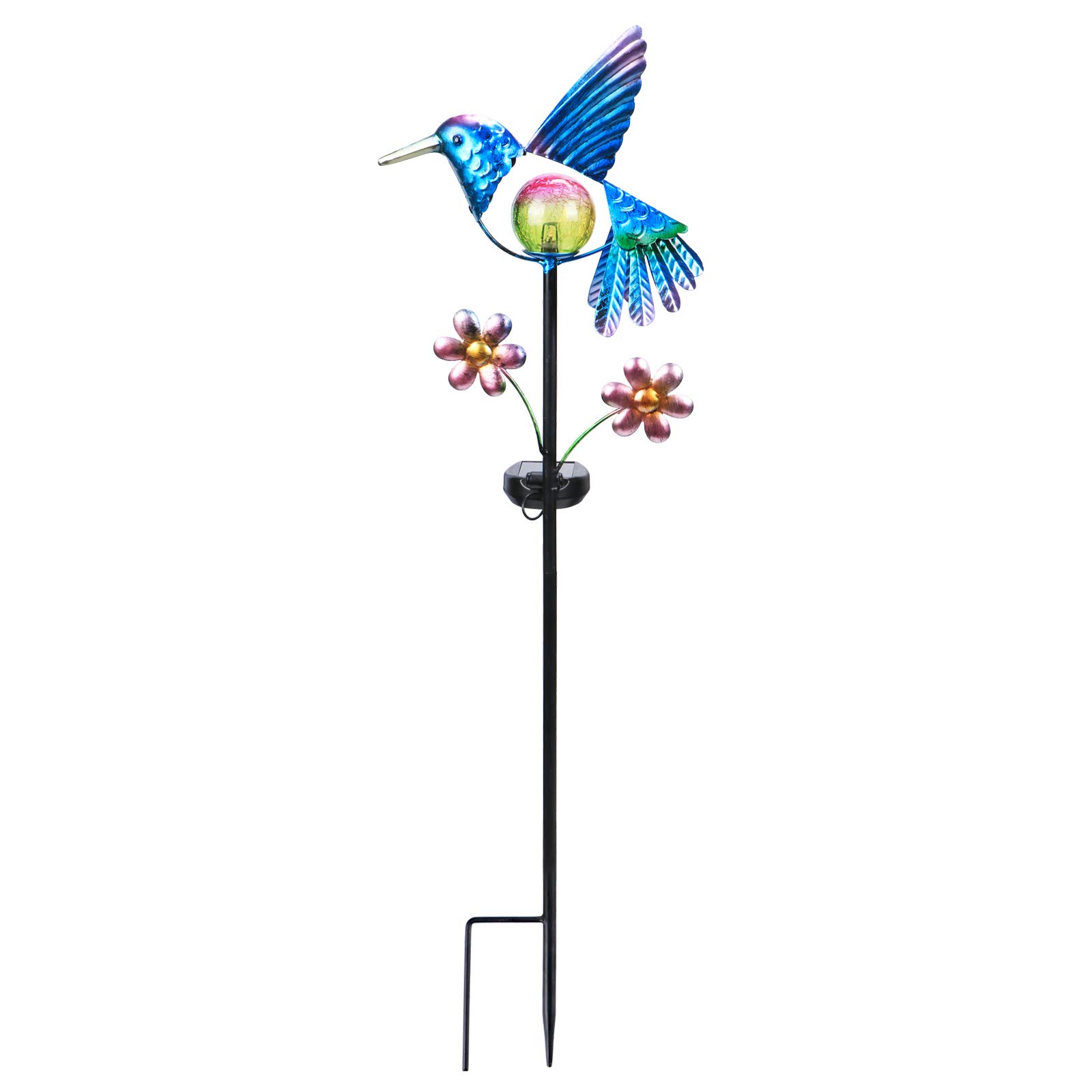 Afirst Kolibri Solar Gartenleuchte, Metallpfahl mit warmem Schein für Hof | Kolibri-Design mit Craquelé-Glaskugel, Solarleuchte für Garten, Rasen und Hof, Gartengeschenke