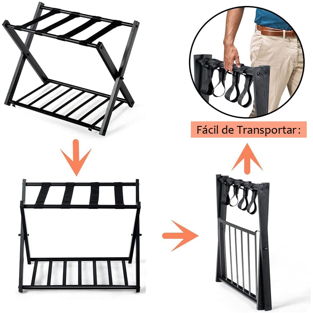 RELAX4LIFE Portaequipajes Metálicos de 2 Pisos, Estante Plegable de Equipaje para 2 Maletas, Soporte de Equipaje para Dormitorio y Hotel, Negro, 68x44x57cm (1 Paquete)