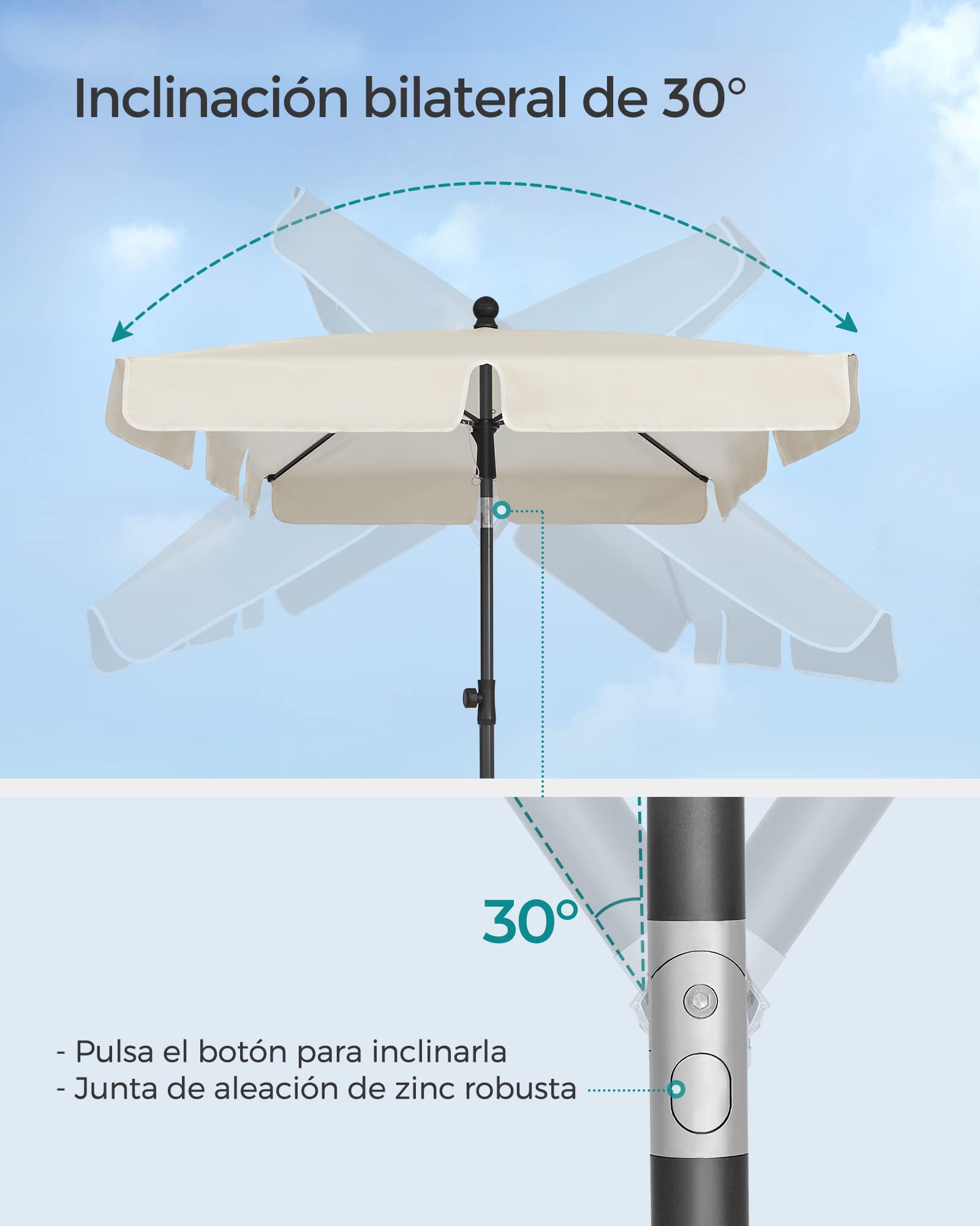 SONGMICS Sombrilla de Terraza 180 x 125 cm, UPF 50+, Inclinación Bidireccional de 30°, Altura Ajustable, con Bolsa de Transporte, para Balcón Jardín, sin Base, Beige GPU180M01