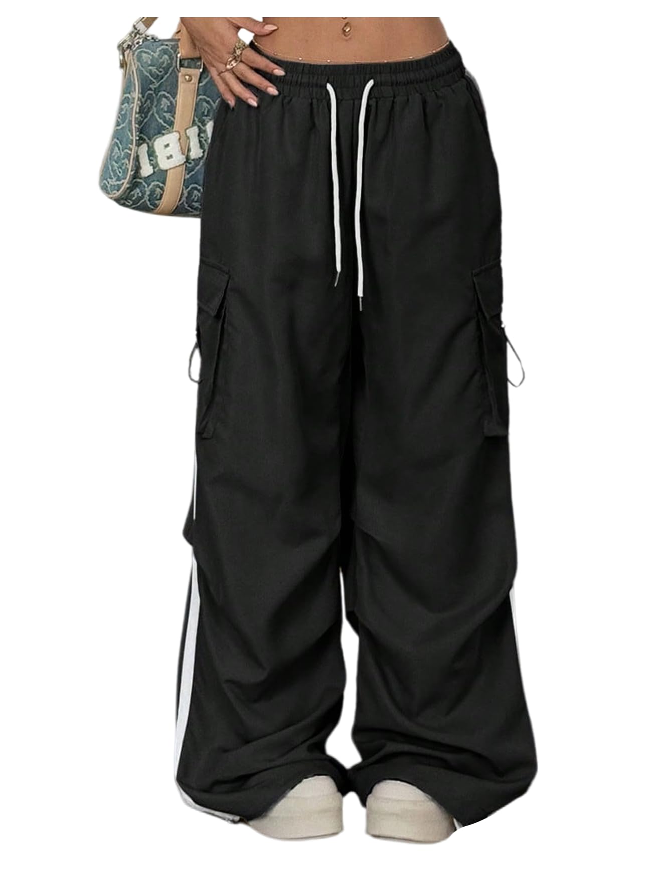 GORGLITTER Womens Baggy Cargo Pants Y2k Wide Leg Stripe Drawstring Elastic Waist Trousers