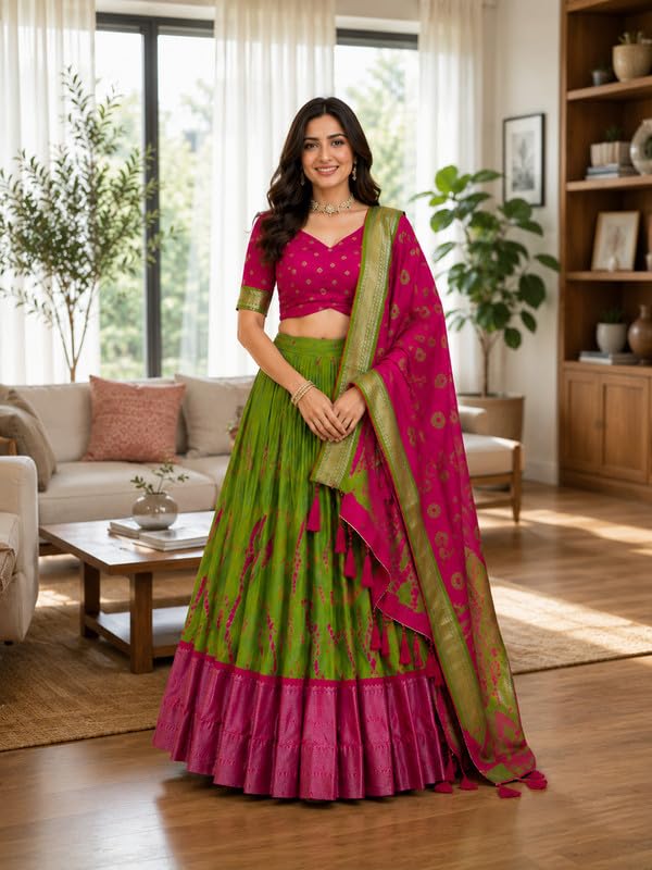 Image of Traditional Women's Tussar Silk Lehenga Choli Set | Semi-Stitched Ghagra with Printed Blouse & Dupatta | Graceful Indian for Festive, Wedding & Reception Events