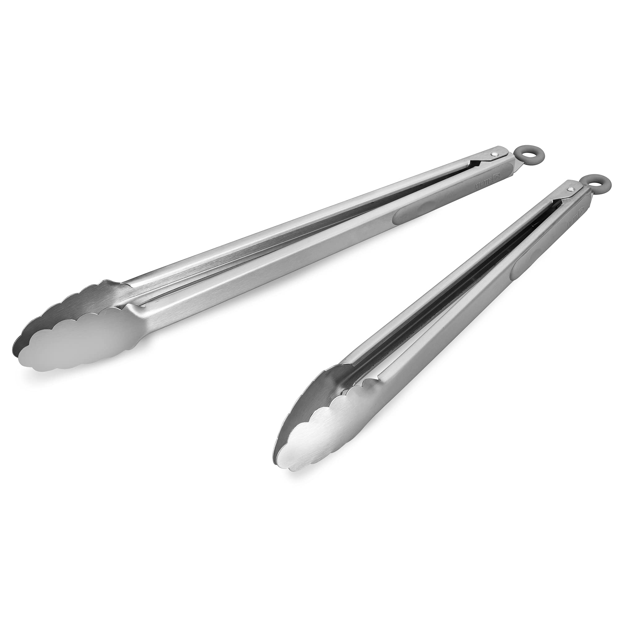 304 Stainless Steel Kitchen Cooking Tongs, 14" and 16" Set of 2 Sturdy Grilling Barbeque Brushed Locking Food Tongs with Ergonomic Grip, Grey