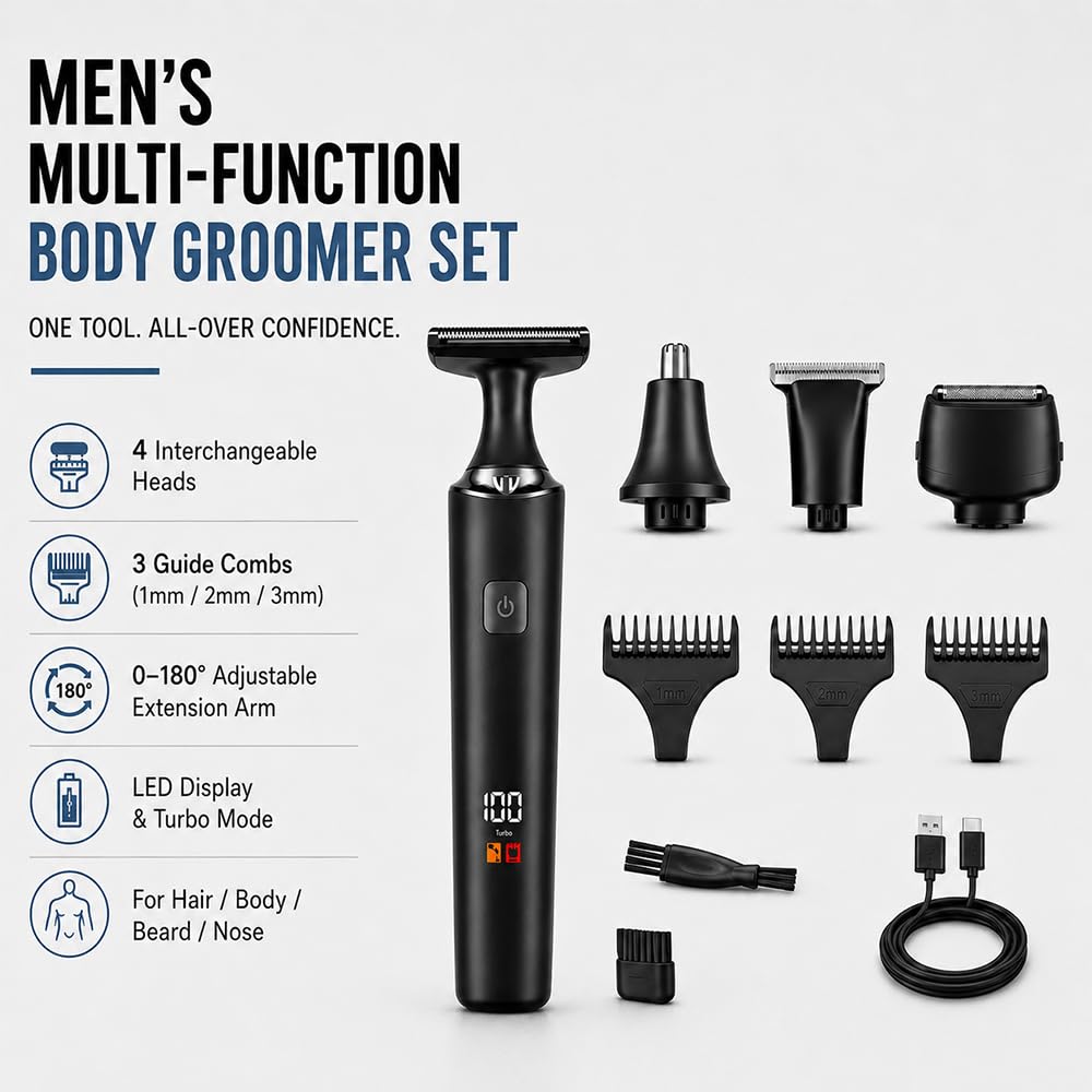 Rasoio Schiena Uomo Elettrico, 5-in-1 Rasoio Corpo, Nero