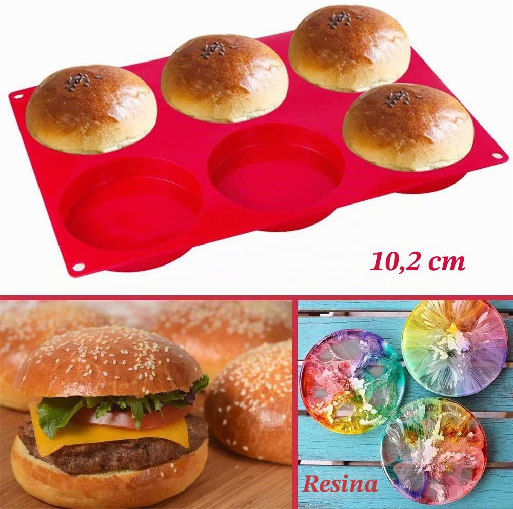 webake Brioche - Stampo in silicone per panini e hamburger, 2 pezzi, 6 cavità, 10 cm, grande stampo in resina, 33 x 22,2 x 2 cm
