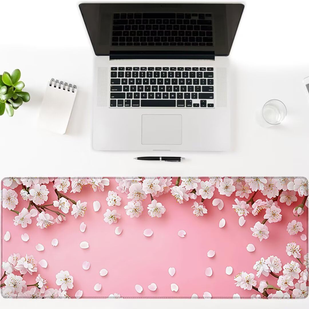 Podkładka pod mysz XXL Flower - 1400x600x3mm - różowa duża mata na biurko z przeszytymi krawędziami i antypoślizgowa wodoodporna do komputera, laptopa poprawia precyzję i szybkość. -36716