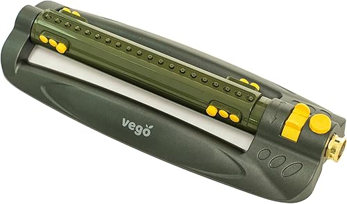 Vego Aspersor oscilante turbo con base de metal y 20 boquillas de precisión, ajustable en 3 vías para cubiertas de patio y césped grandes de hasta