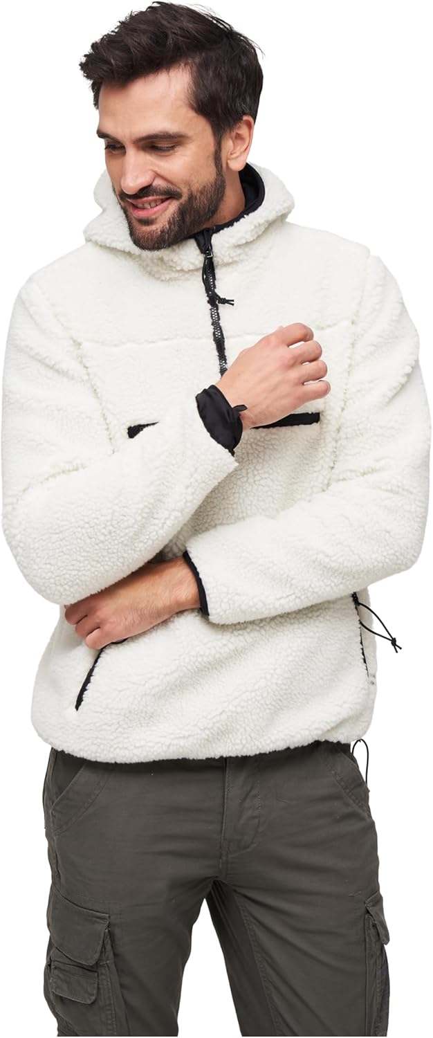 Brandit Men's Hooded Teddy Fleece Warm Outdoor Quarter Zip Jacket with Chin Guard & Wind Protection Strip