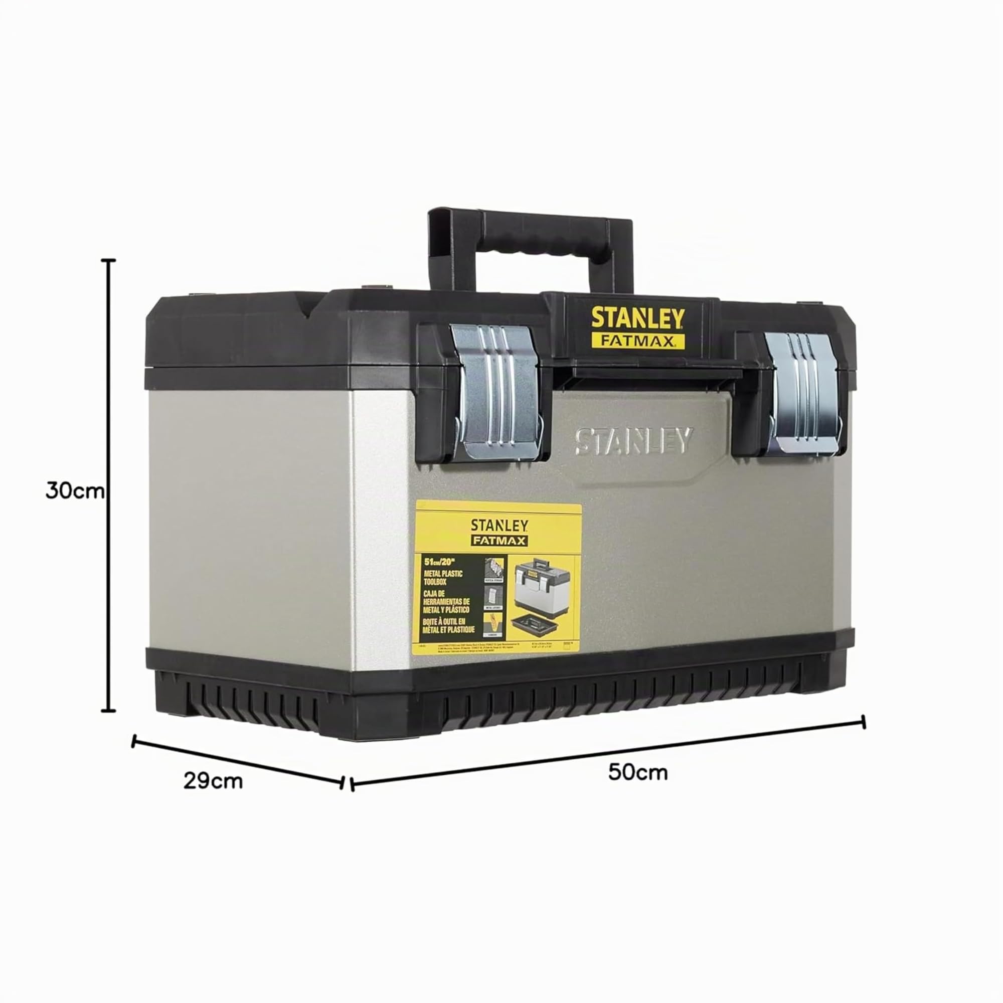 STANLEY FATMAX Caja de Herramientas Metálica 49,7cm, Clips Metálicos Anticorrosión, Asa Bimaterial, Estructura de Metal y Polipropileno, Almacenamiento Vertical, 1-95-615