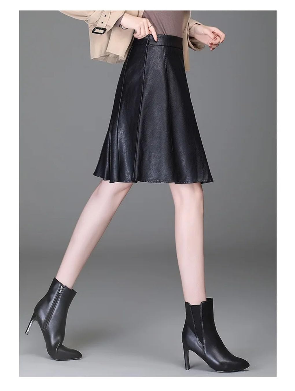 Falda corta de piel sintética para mujer, cintura alta, elegante, para oficina, falda acampanada