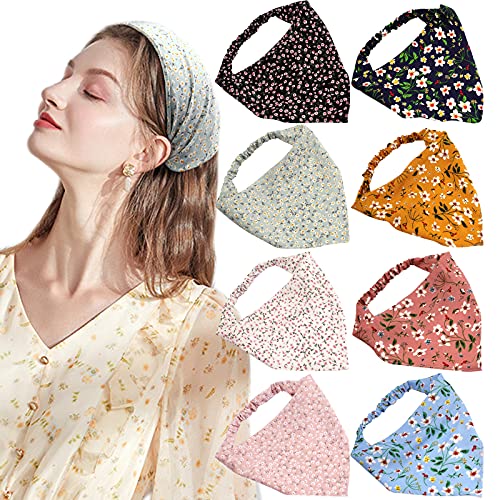 ACO-UINT 8 Pcs Floral Elastic Hair Scarf Headbands for Women, Kerchief Head Scarf Chiffon Head Kerchief Headband, Hair Bandanas Hair Accessories for Ladies and Girls