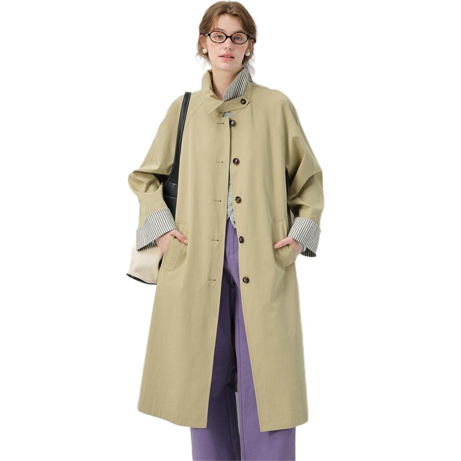 Color-Block Striped Loose Long Trench Coat for Women Autumn Overcoat