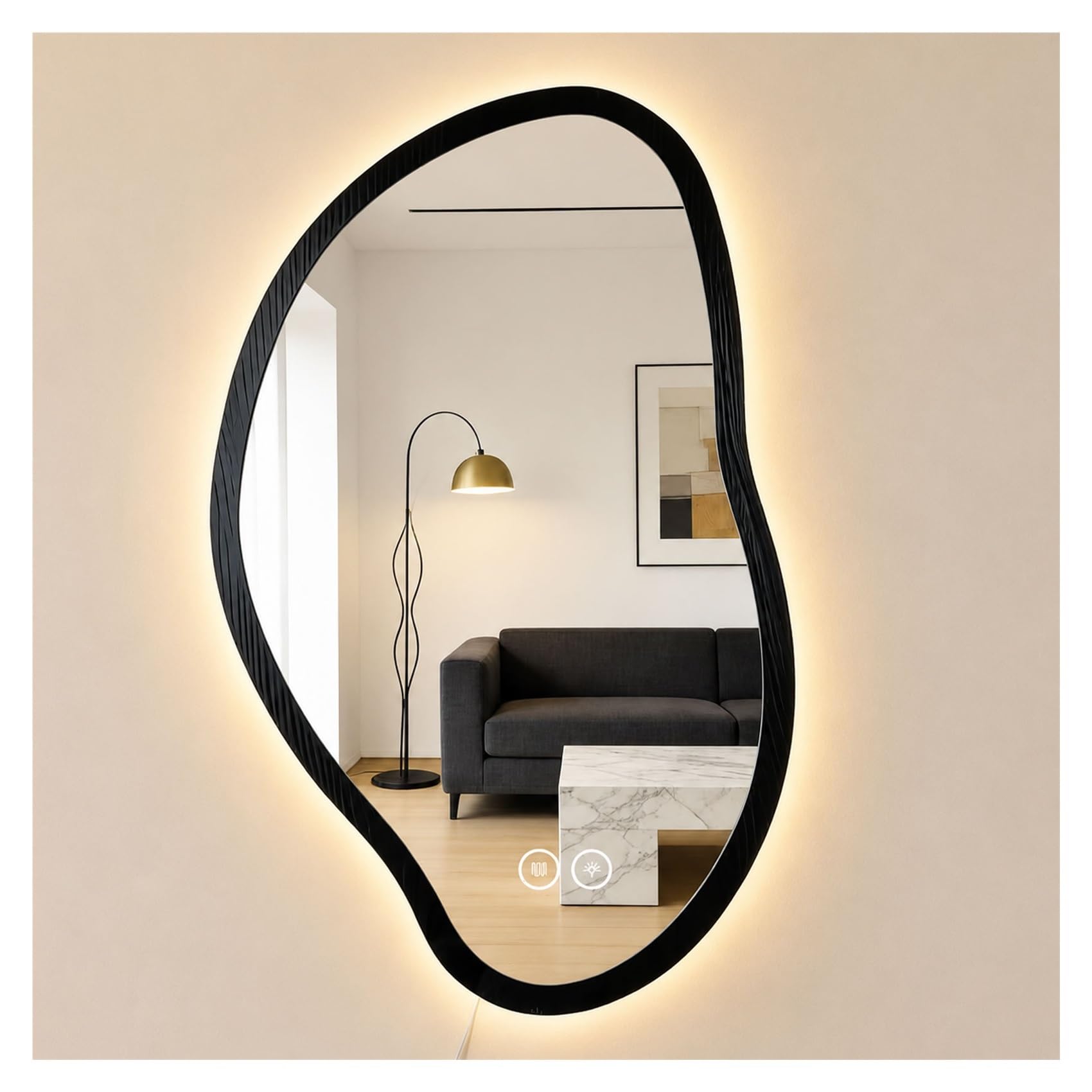 Miroir de Salle de Bain LED Irrégulier Miroir Mural Moderne en Bois