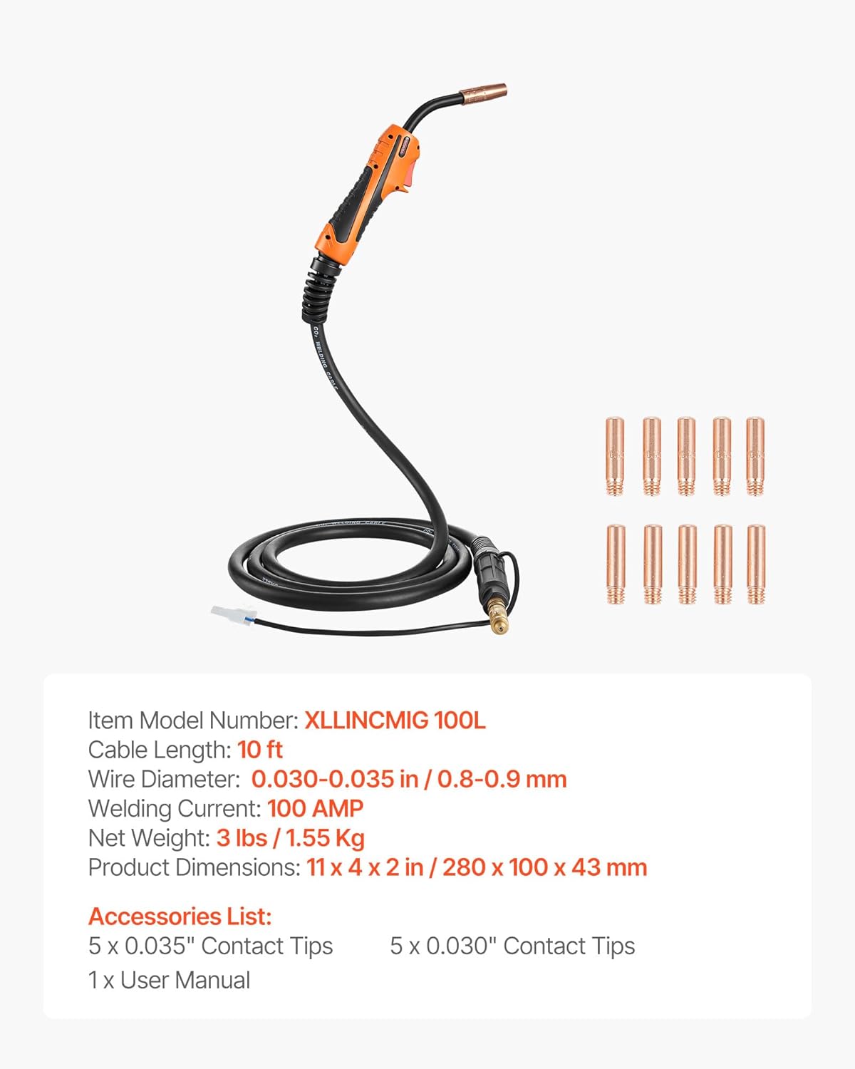 VEVOR 100A MIG Welding Gun with 10FT Cable, Replacement for Lincoln Magnum 100L (K530-5) - with 11PCS Mig Welding Contact Tips