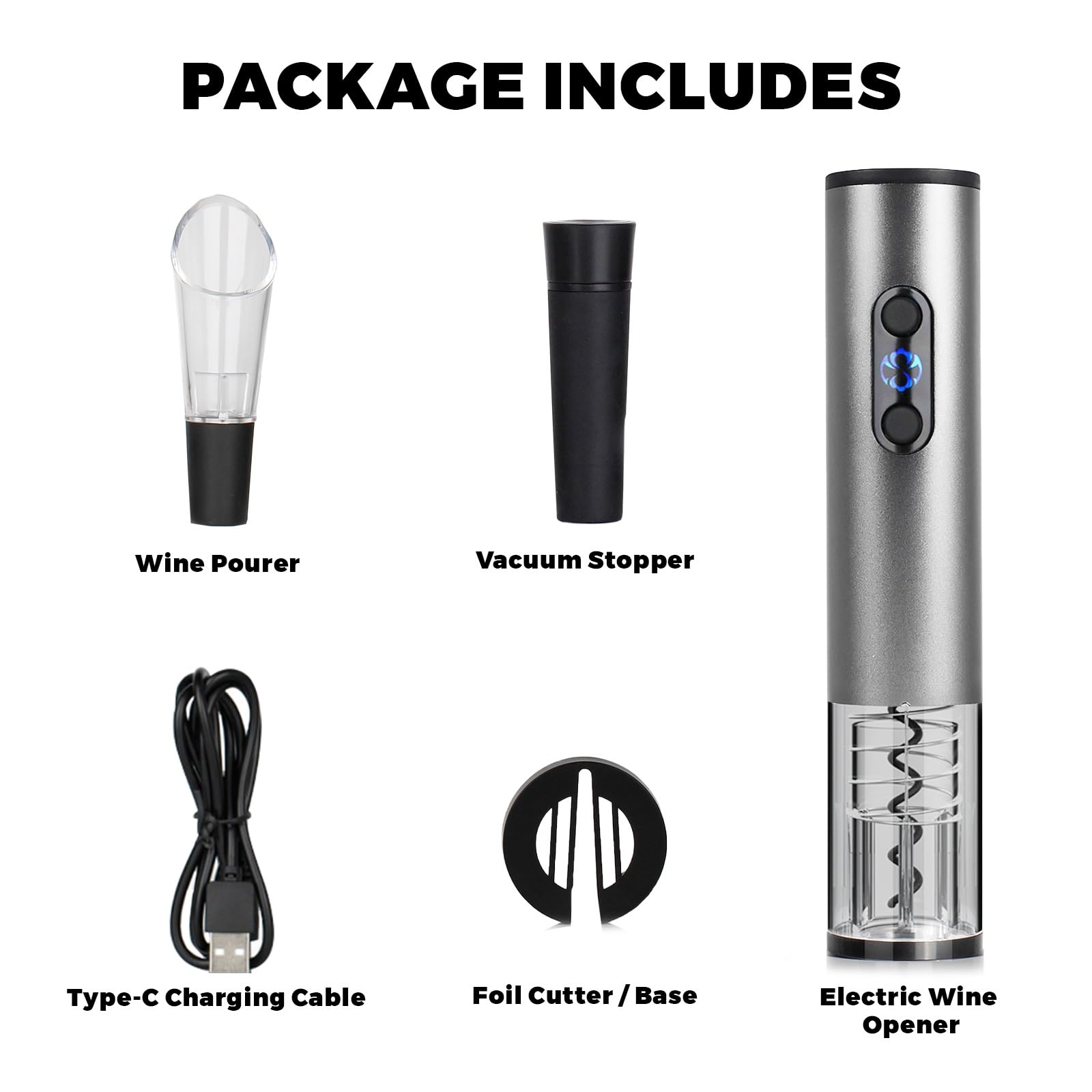 Juego de abridor de vino eléctrico, sacacorchos de vino automático recargable con cortador de papel de aluminio, tapón al vacío, vertido de vino para bodas, fiestas, regalos en el hogar (plateado) 8