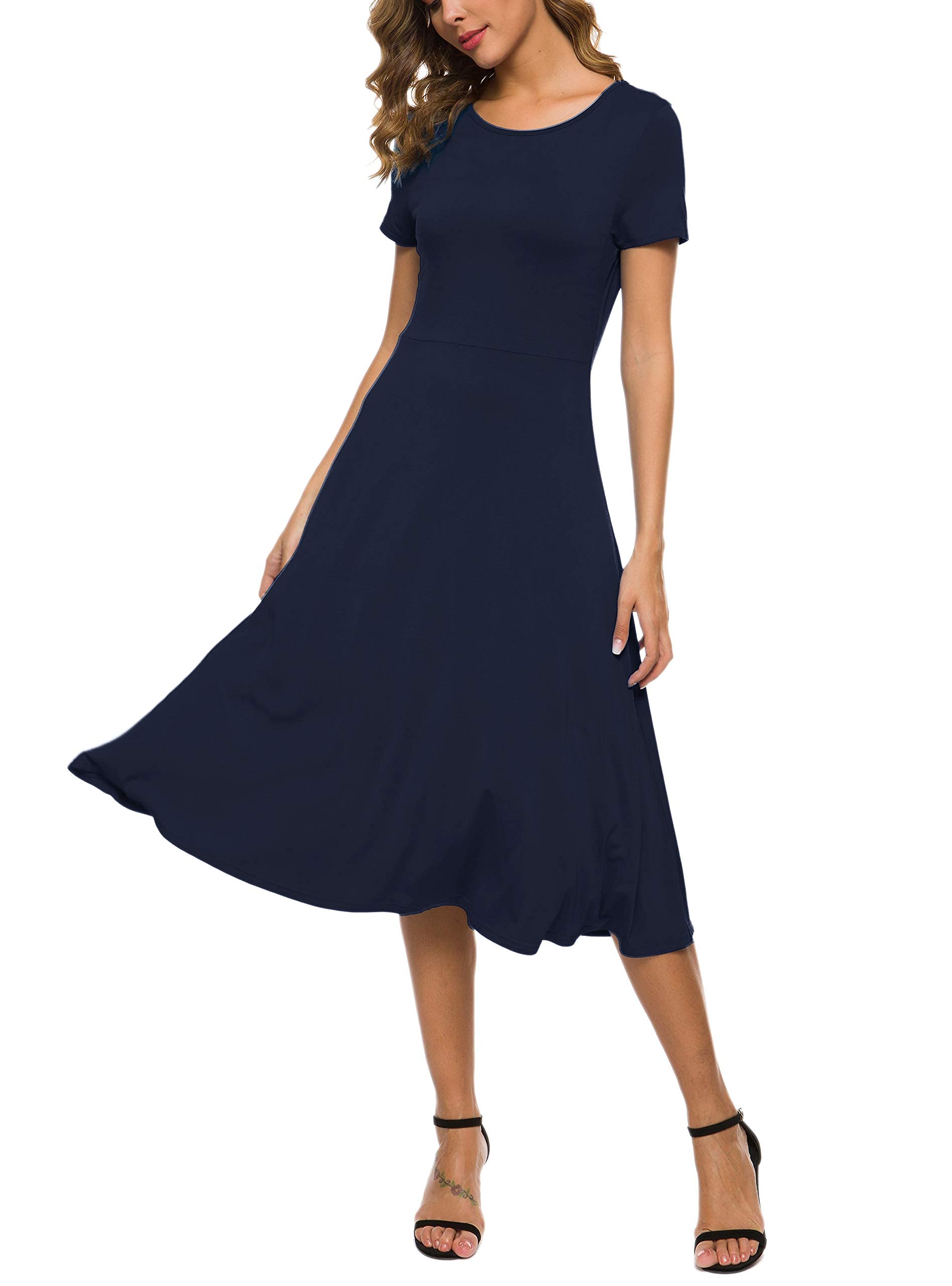 EXCHIC Damen Casual Rundhals A-Linie Kurzarm Midi Kleid Sommer Stretchy Knie Langes Freizeitkleider
