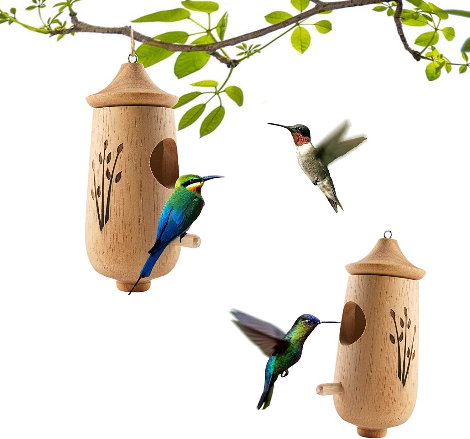 2 Pieces Hummingbird House for Outside Hanging for Nesting,Wooden Humming Bird Nest with Hemp Ropes