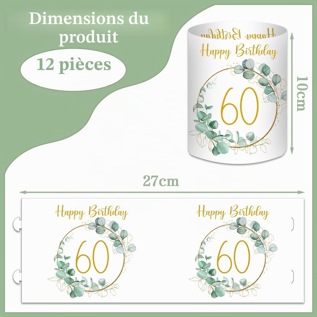 Lot de 12 photophores décoratifs de table pour 60 ans Happy Birthday