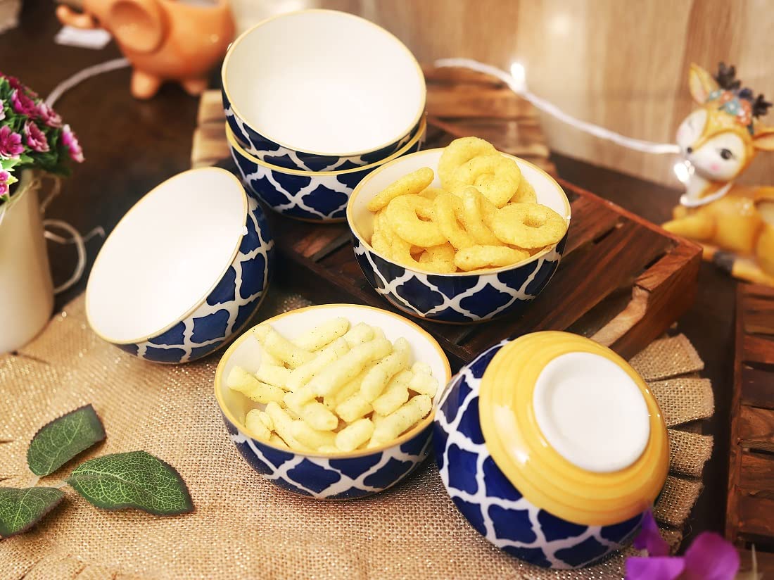 Lyallpur Stores Ceramic Studio Pottery Serving Bowl Set Olive Blue & Yellow Color (Pack of 6, Round) for Snacks, Cereal, Serving Dessert | Microwave and Dishwasher Safe Bowls - 180 ML Capacity