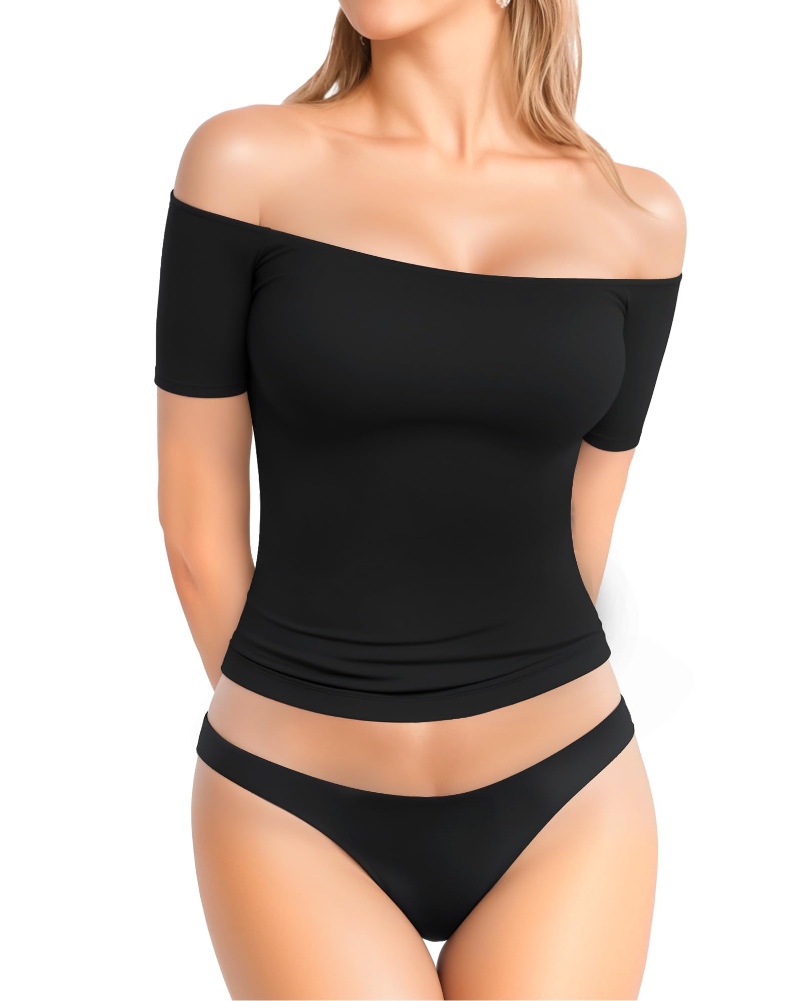 MANGOPOP Off The Shoulder Tops for Women Sexy Short Sleeve T Shirt Tops Slim Fitted