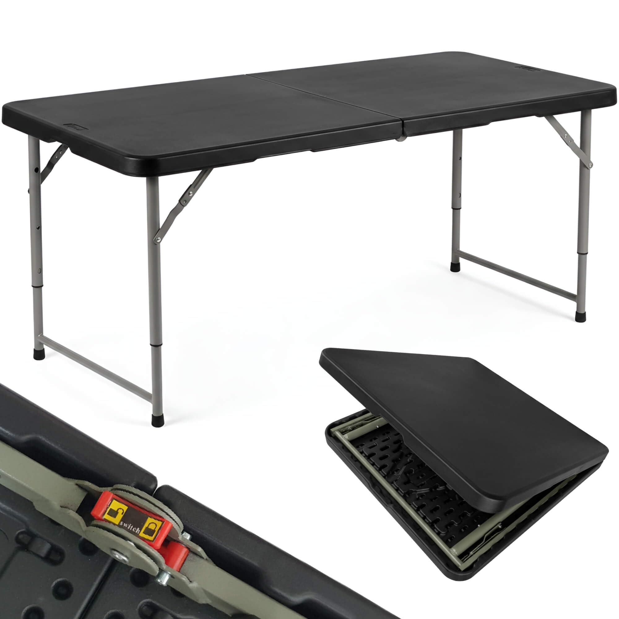 Klapptisch Campingtisch Wetterfest Garten 122cm Höhenverstellbar Klappbar Gartentisch Buffettisch Tragbar Faltbar Schwarz Tragegriff Haken