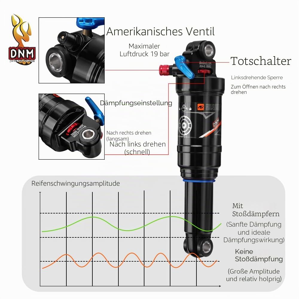 DNM AO-38RC MTB-Hinterrad-Stoßdämpfer Fahrrad Luft-Hinterrad-Stoßdämpfer Rückstoß/Lock Out - Manuelle Fernbedienung - Einstellbarer Luftdruck (210 x 53 mm (8,27" x 2,09"))