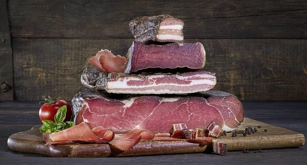 Almgourmet - Bacon de planche à poivre – 2 pièces de 200 g chacune – bacon grandi et poivré – sans barre cartilagineuse