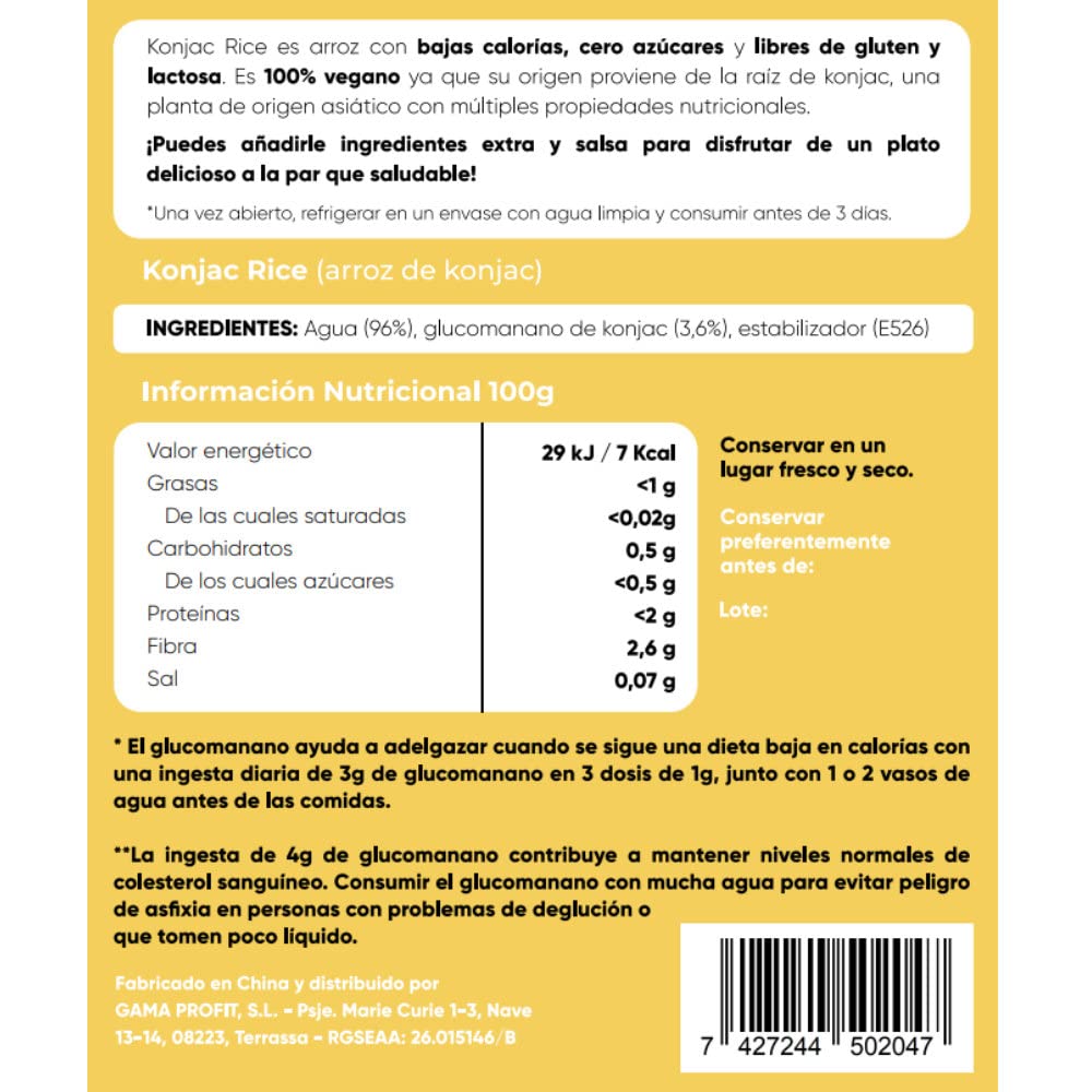 PROFIT - Konjac Rice - Arroz elaborado con Glucomanano Konjac - Bajo contenido en calorías - Ideal para dietas hipocalóricas - Libre de gluten y lactosa - 200 gr - 2