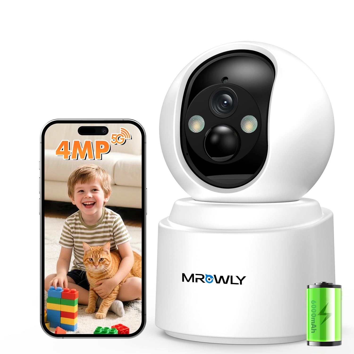 Mrowly Überwachungskamera Innen Akku, 2,5K/4MP WLAN Indoor Kamera Schwenkbar mit akku, 2,4/5GHz WiFi, Farb-Nachtsicht, Bewegungserkennung, Zwei-Wege-Audio, für Baby/Haustiere/Zuhause