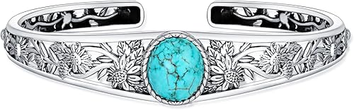 Christmas Jewelry Gift for Women-Genuine Turquoise Cuff Bracelet, Sterling Silver Western Vintage Floral Bangle Native American Jewelry, For 6.5-7.5