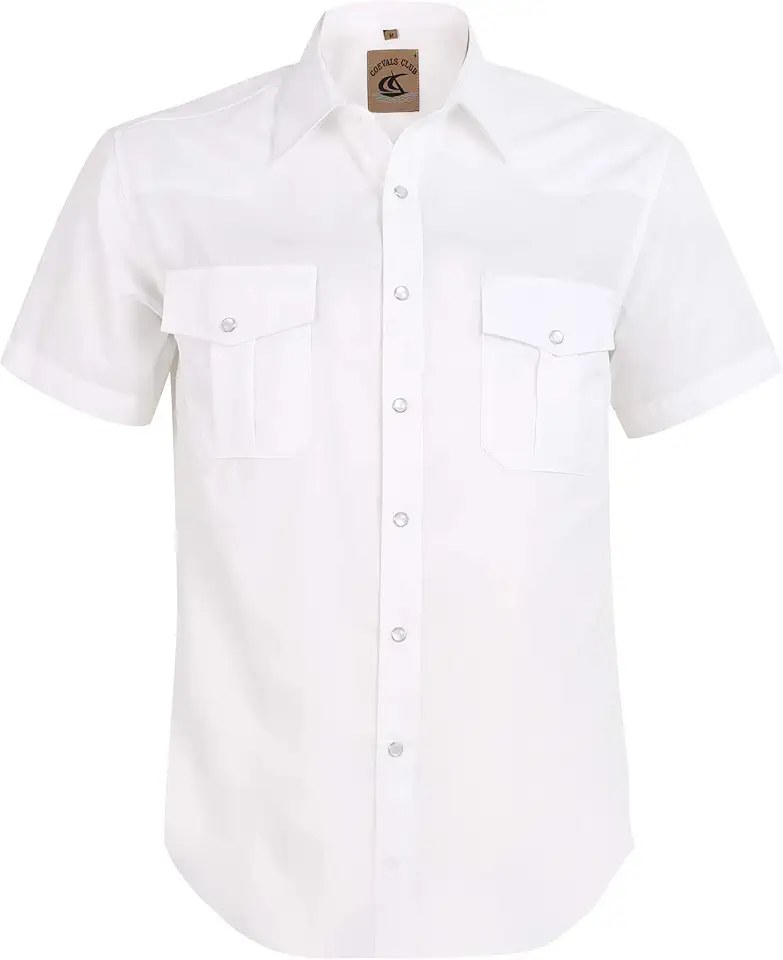 Mens Western Cowboy Pearl Snap Short Sleeve Casual Two Pockets Work Solid Derss Button Up Wrinkle Free Shirts