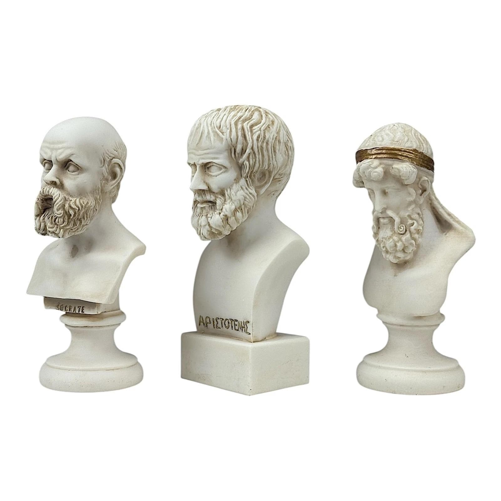Set busto Socrate, Aristotele e Platone - Statue di filosofo greco | Sculture grigie in alabastro fuso a mano | Filosofia classica Home Decor