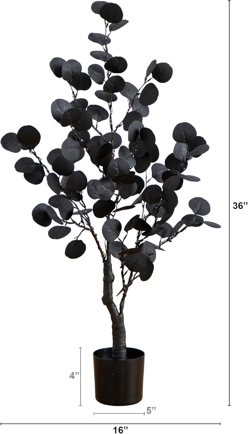 Nearly Natural 3ft Pre-Lit Artificial Halloween Black Eucalyptus Tree with 80 Orange & Purple LED Lights