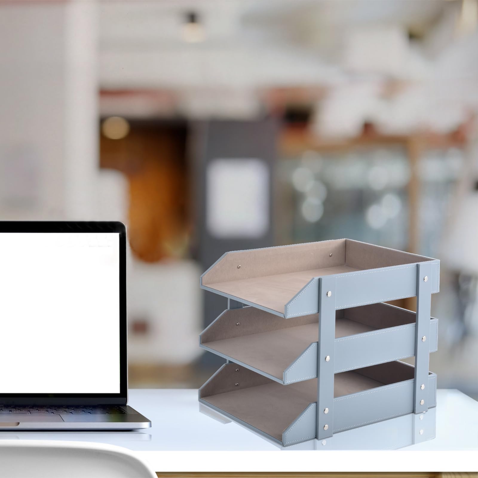 Organizador de escritorio de cuero, bandeja apilable de 3 capas, se utiliza para almacenar documentos, carpetas, papelería, revistas, papel y otros suministros de oficina en casa, estante de archivos