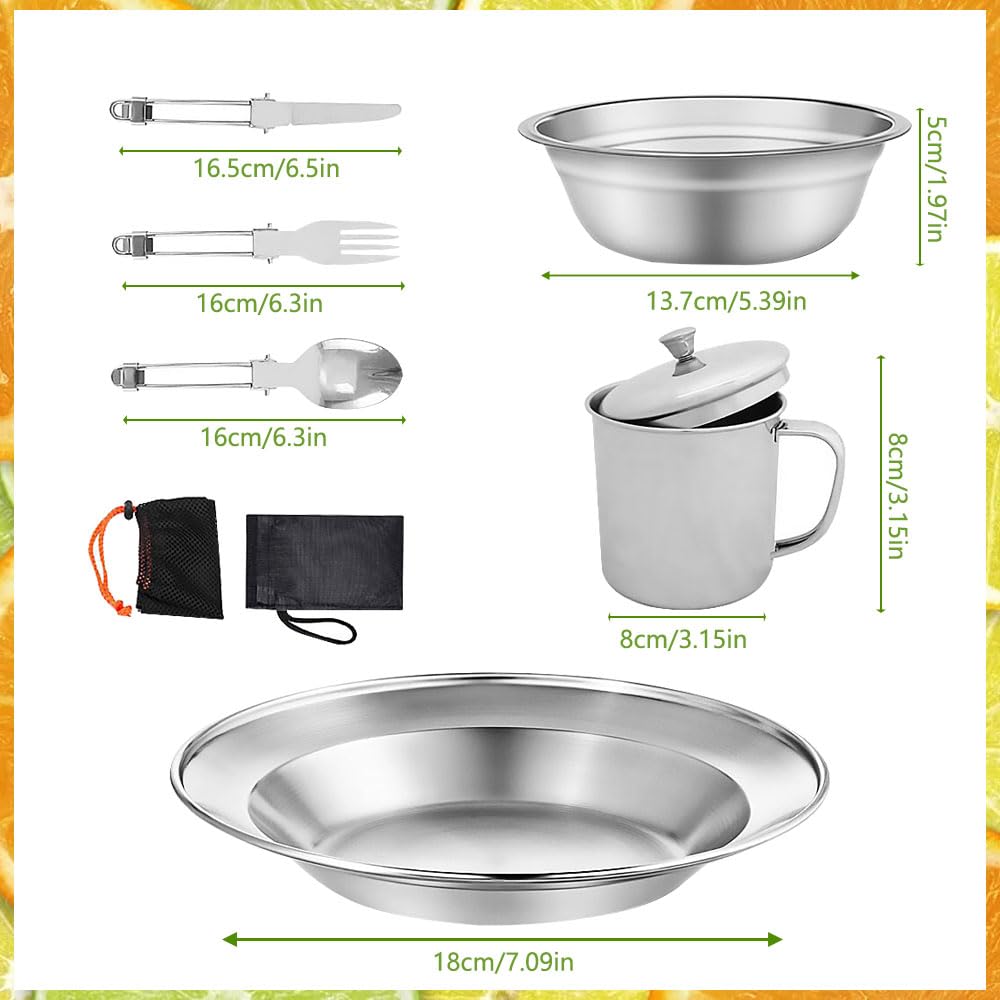 Gavetta Scout, Gavetta Campeggio 1 Persona, Set Posate Campeggio Inox con Piatti Ciotole Tazze Forchette Cucchiai Coltelli, Kit Campeggio Piatti e Posate per Campeggio Trekking