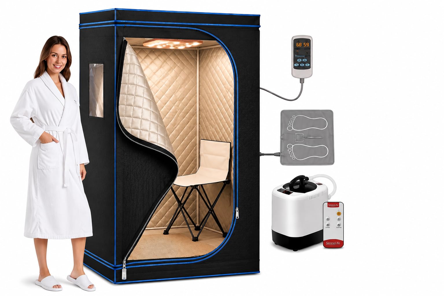 SereneLife Infrared Heat Home Sauna, Compact &amp; Portable Spa Style Steam Sauna, Foot Pad Heating Mat, Indoor Personal Sauna with Foldable Chair, At-Home Relaxation and Rejuvenation