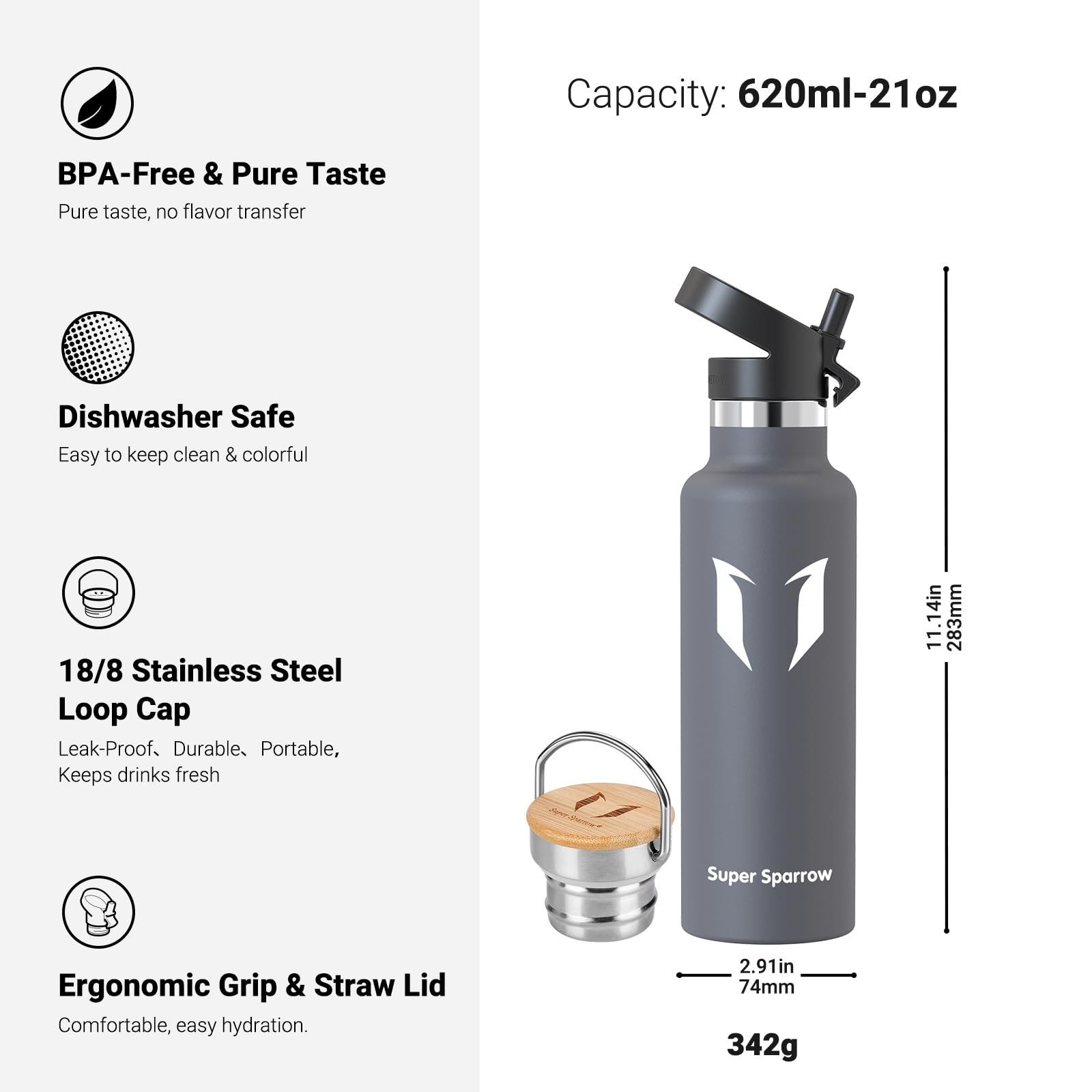 Super Sparrow Borraccia Termica - Bottiglia Termica Senza Perdite - 350ml/500ml/620ml/750ml/1L - Senza BPA Borracce Bambini - Per Scuola, Sport, Campeggio, Palestra, Ciclismo - Con 2 Tappi