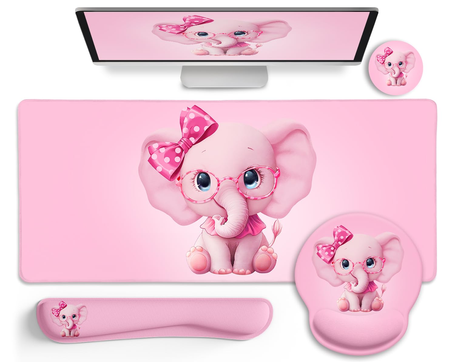 LIMKRIAN Elephant Mouse Pad Desk Mat Set, Kawaii Gaming Ergonomic Mouse Pad with Wrist Support Wrist Rest for Computer Keyboard Cup Coaster, Cute Pink