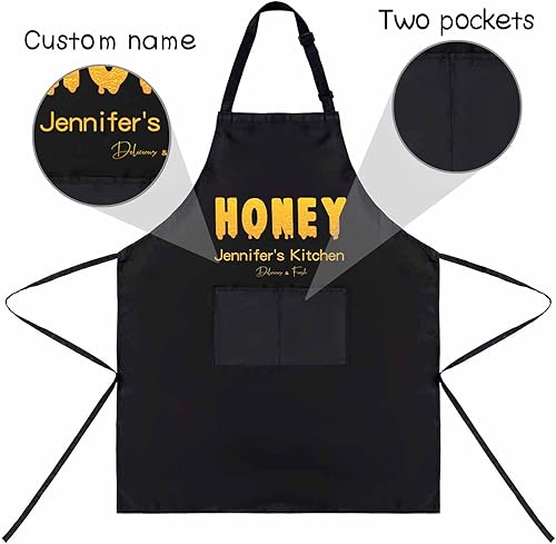 Miniatura 3 de Magimagine Delantal personalizado para mujeres y hombres  Delantal familiar personalizado con texto de dos bolsillos personalizado miel delantal de