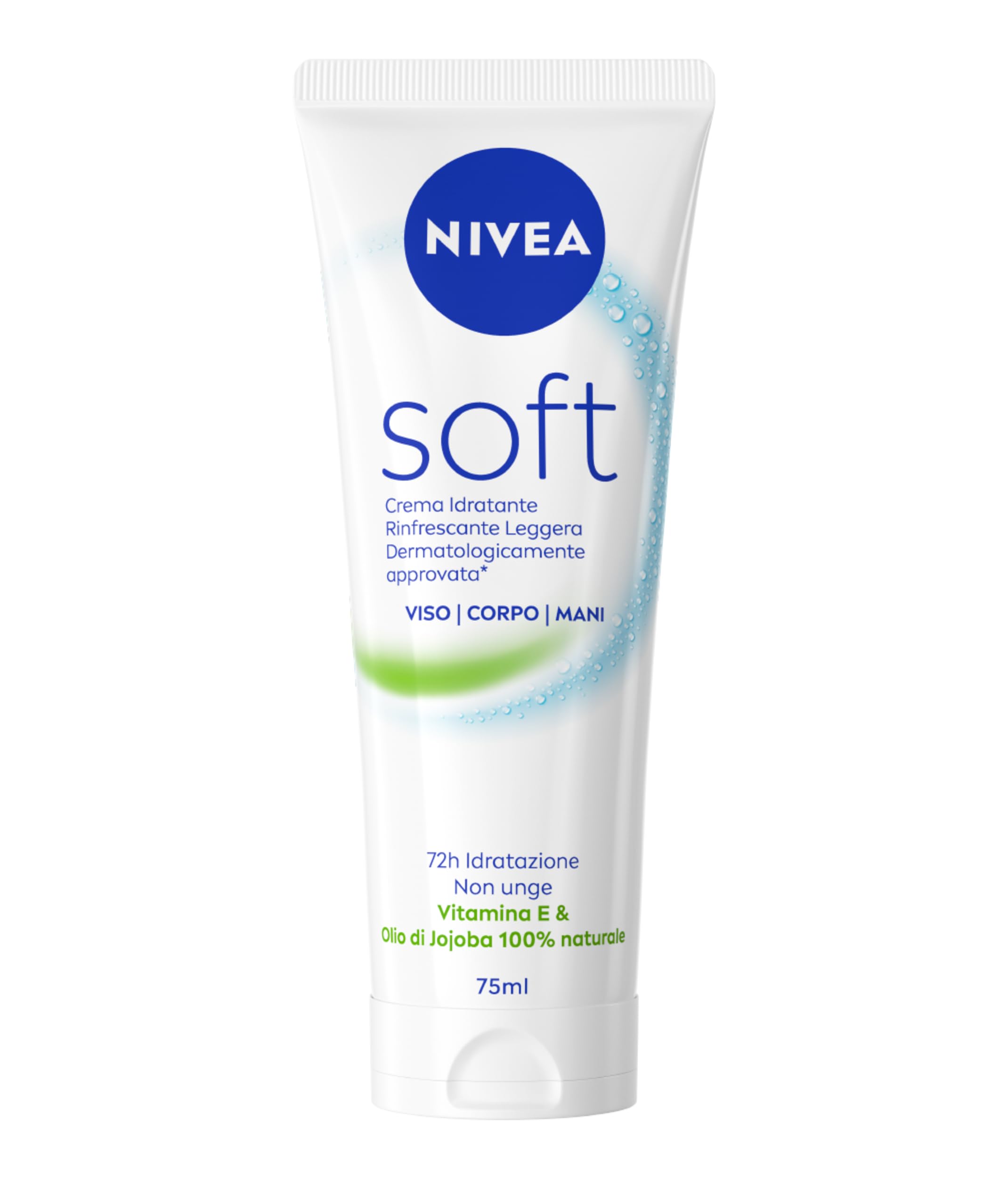 NIVEA Soft Tubo 75 ml, Crema idratante corpo, viso e mani per 72 ore, Crema multiuso rifrescante con Vitamina E e Olio di Jojoba, Assorbimento rapido, Per uso quotidiano, Per tutti i tipi di pelle