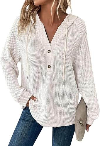 Long Sleeve Hoodie Sweaters for Women Waffle Drawstring V Neck Button Up Shirts Hoodies Casual Pullover Tshirts (White,Large)