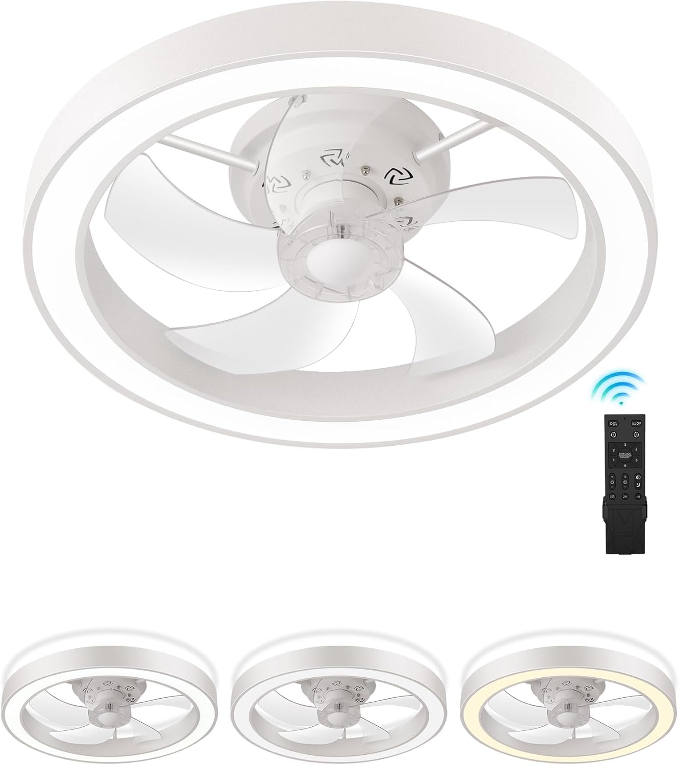 DOURARY Flush Mount Ceiling Fan with Lights and Remote, Minimalist 20 inches Dimmable Low Profile Ceiling Fan, Matches Any Interior, Stepless Color Temperature Change, and 6 Speeds - White