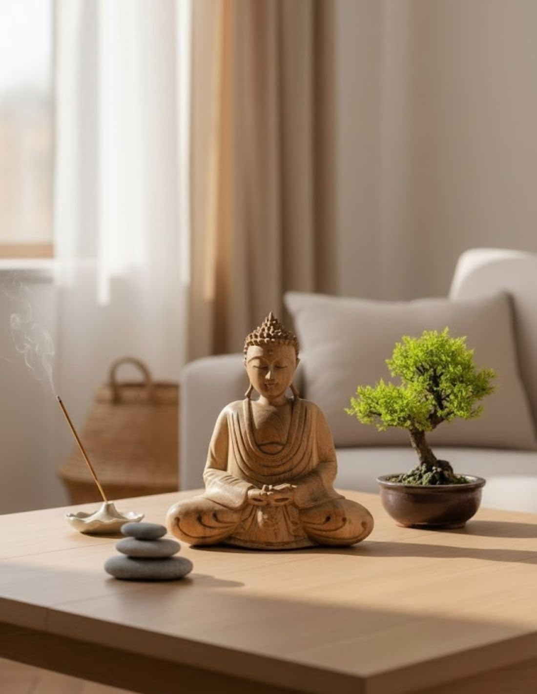 Artesanal - Figura de Buda de la meditación de madera maciza tallada a mano, 20 cm